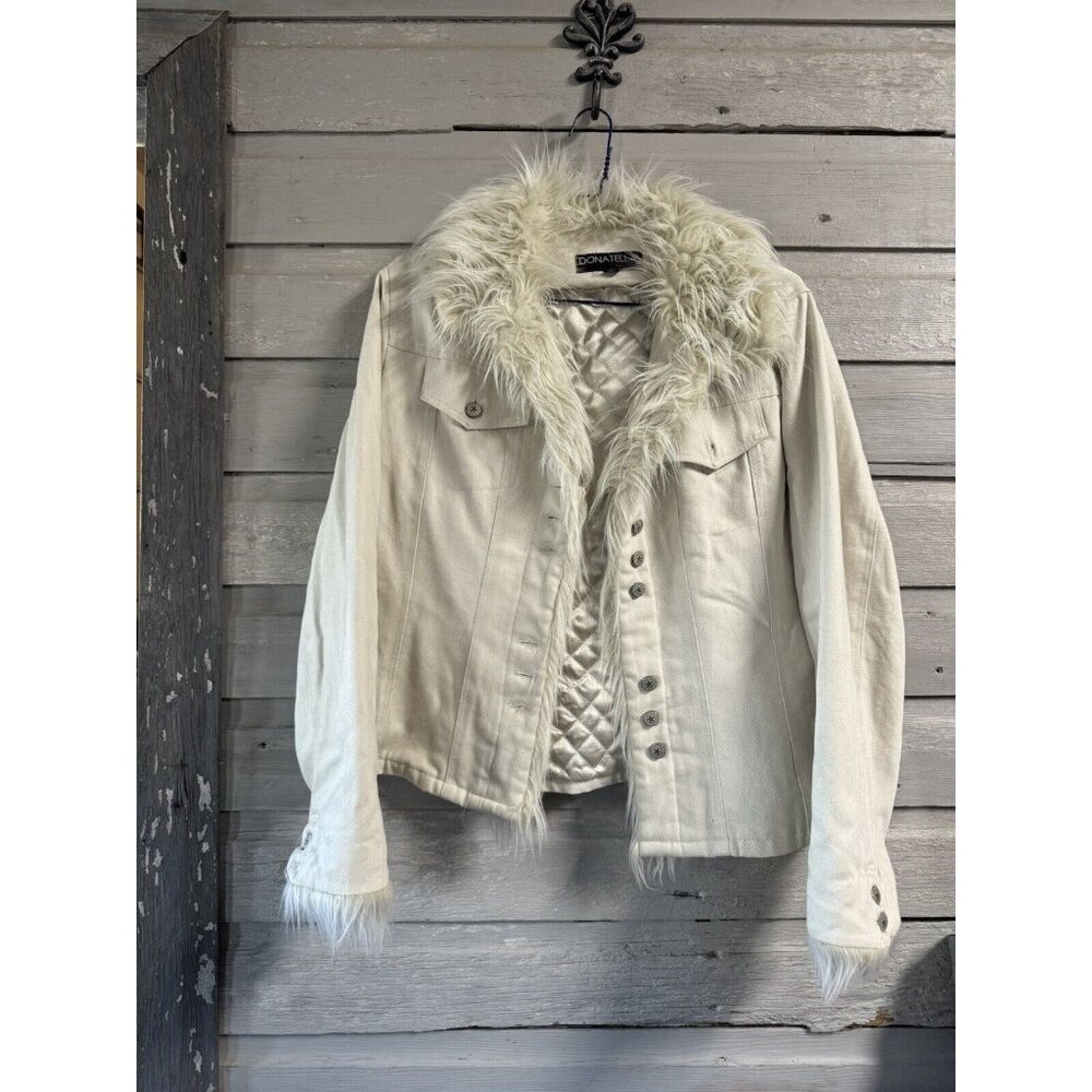 Donatella Sports Jean Jacket White  80’s Vintage Fur Lined Size XLG